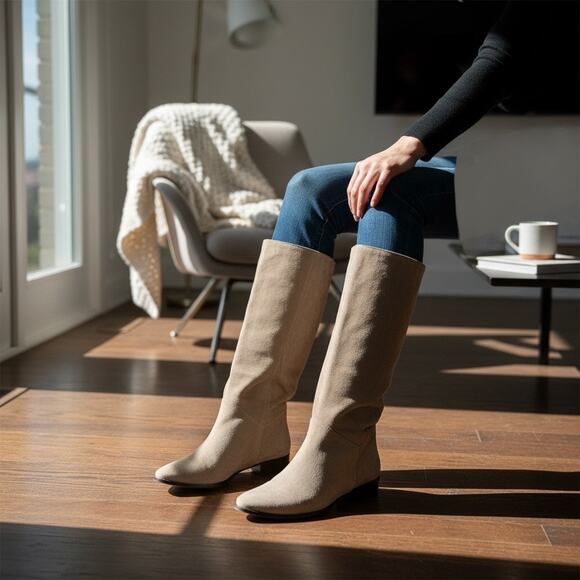 Zara Suede Over The Knee Boots Beige Tall Flat Heel Size 42 (11) - Picture 11 of 11